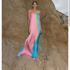 Baobab Collection Strapless Gradient Satin Gown in Pink, Yellow & Blue
